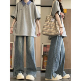 灿图美式复古拼接polo领短袖t恤女夏季新款宽松显瘦半袖内搭休闲上衣 灰色 L 【建议100-120斤】