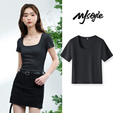 MJ STYLE方领紧身短袖T恤女2026年夏季新款简约时尚百搭内搭纯色气质上衣