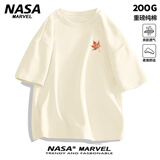 NASA MARVELt恤男款重磅高克重枫叶印花半袖青少年夏季大码男装正肩纯棉短袖 CT035杏色 XL （建议120-135斤)