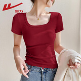 回力（Warrior）修身款方领短袖t恤女2025年夏季百搭休闲气质款上衣时尚简约女装