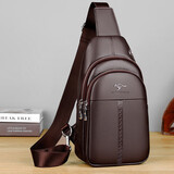 袋鼠（KANGAROO）男士真皮胸包头层牛皮单肩小挎包ins潮男款 棕色6030真皮