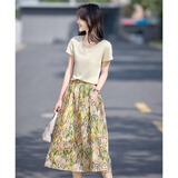 尚静莫奈花园印花裙套装26年夏新靓丽印花半裙百搭T恤两件套女