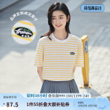 茵曼（INMAN）条纹圆领T恤女夏季新款套头休闲宽松显瘦纯棉短袖上衣 黄条 M
