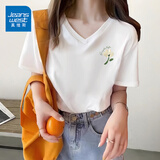 真维斯（Jeanswest）v领t恤女2026夏季新款纯棉短袖女韩版潮流小个子宽松正肩短袖上衣 白色 小白花_K L