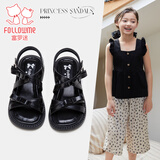 富罗迷女童凉鞋夏季新款软底透气露趾罗马鞋小女孩公主鞋 黑色  35 