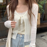 逸兼系带针织衫薄款V领短款针织开衫春夏上衣配吊带外搭空调罩衫 薄款开衫【白色均码】 均码 修身款（建议80-100斤内）