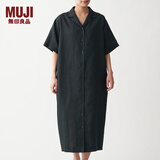 无印良品 MUJI 女式 法国亚麻水洗 五分袖开襟连衣裙 BCL08C0S 黑色 M-L