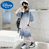 迪士尼宝宝男童夏装套装2025新款儿童中大童男孩渐变帅气短袖两件套秋季童装 灰色 偏蓝灰 150 建议140-150cm11-12岁cm