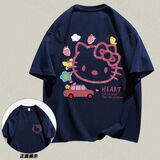 阿玛瑟100%纯棉爆款港风T恤女韩版卡通宽松情侣装简约百搭短袖男重磅T B1-37-藏青 2XL