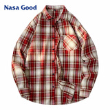 NASA GOOD长袖衬衫男春夏季韩版潮流格子衬衣青年休闲宽松外套 红XL