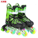 美洲狮儿童轮滑鞋成人男女闪光可调旱冰鞋溜冰鞋滑轮鞋 全闪黑绿1双鞋 M (实际30-35码厂标34-37)