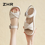 ZHR头层牛皮厚底凉鞋女夏透气露趾舒适皮鞋软底一字带女鞋EQ05米色37