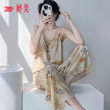 婷美轻奢棉绸睡衣女士夏季吊带两件套家居服宽松简约开衫性感复古套装