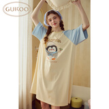 果壳（Gukoo）睡裙女春夏新款卡宽松插肩袖圆领纯棉女士家居服睡裙 奶油黄  S 