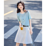 尚静短袖t恤女夏季新款女装肌理感清新纹理撞色拼接小个子减龄上衣女