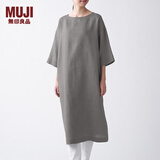 无印良品 MUJI 女式 法国亚麻水洗 七分袖连衣裙 412688 BCL06C1S 卡其米色 M