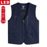 LED男士无领纯棉马甲春秋背心多口袋马夹中老年休闲宽松大码坎肩外套 深蓝色 XL 【推荐121-140斤】