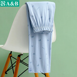 AB内衣纯棉家居裤长裤宽松男士皮筋高腰中年全棉薄夏印花睡裤休闲 浅兰 2XL