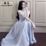 春乏无袖连衣裙女学生夏季新款中长款度假风海边沙滩裙仙女挂脖长裙子 蓝色  S
