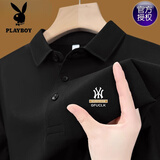 花花公子（PLAYBOY）高档100%纯棉夏季短袖t恤男士高档翻领polo衫透气吸汗休闲上衣 短袖YW7702黑色 XL 175建议135-150斤