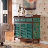 盛世锦木美式手绘鞋柜 百叶窗入户门口收纳柜子 复古做旧玄关柜储物 荷绿色手绘 三门三抽(百叶窗)