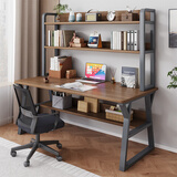 佳家林电脑桌台式家用书桌书柜组合现代简约办公桌子学生写字桌子带书架 【双层置物】拉丝黑橡木色120cm 单桌