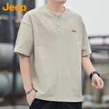 JEEP吉普短袖T恤男士夏季宽松透气凉感潮流纯棉亨利领男装 卡其 4XL