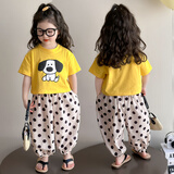 七语欣童装女童短袖套装夏装儿童套装2025新款小女孩宝宝卡通t恤两件套 黄色 120 (适合身高110-120cm)