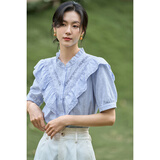 茵曼（INMAN）法式提花衬衫女士2026夏季新款荷叶花边水溶气质纯棉短袖衬衣 海雾蓝 M
