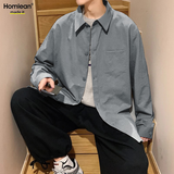 Homlean纯色衬衫夏季男时尚百搭简约宽松衬衣高级感港风外套HL02深灰XL