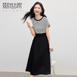 熙世界（sllsky）休闲条纹短袖拼接连衣裙女装假两件收腰显瘦裙子2025秋装新款 摩登黑 M