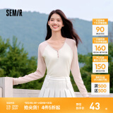 森马（Semir）【云柔亲肤】长袖t恤女短款V领修身上衣24年新款插肩袖休闲薄外套 粉色调01315 S
