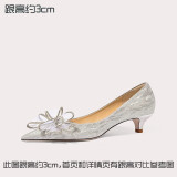 Lily Wei怦然心动法式高跟鞋仙女水晶婚鞋细跟尖头新娘蝴蝶结 银色【跟高3厘米】 38