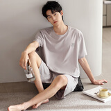 洁丽雅男士睡衣夏季薄款莫代尔冰丝短袖短裤套装男休闲睡裤家居服可外穿 浅棕色(简约款） 【凉感冰丝】 2XL 【推荐体重约150-170斤】