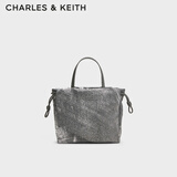 CHARLES&KEITH仿油蜡皮抽绳手提单肩托特包包女包生日礼物送女友CK2-30151421 CK2-30151421-2牛仔蓝色 S