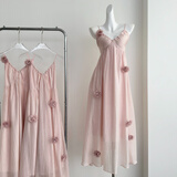 瑜尚臻品法式v领吊带连衣裙女夏度假风沙滩长裙挂脖甜美粉色花朵仙女裙  【樱花粉】S（花朵可拆卸）