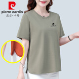皮尔卡丹（pierre cardin）短袖t恤女夏季2025新款宽松显瘦遮肚子洋气减龄百搭休闲妈妈上衣T 灰褐色 2XL 码丨建议130-150斤