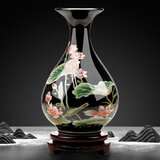 傲世景德镇陶瓷器新中式花瓶工艺品客厅摆件酒柜玄关茶室博古架装饰品 乌金釉清荷玉壶春+底座
