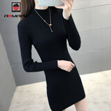 AEMAPE毛衣女中长款半高领打底衫女2025春秋冬加厚洋气针织衫女红色上衣 黑色 M