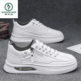 啄木鸟男鞋2025新款一脚蹬平板鞋工作男士休闲百搭软底皮面运动小白潮鞋 白色 41