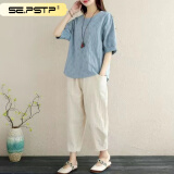 夏典素订女王（SE.PSTP）素订棉麻女装2022新款时尚宽松套装女夏两复古夏装亚麻夏季妈妈装 蓝色套装 L (建议115-130斤)