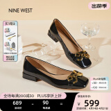 NINE WEST/玖熙低跟单鞋牛漆皮浅口方头金属饰扣工作女鞋NF445006FK 黑色39