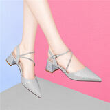 古奇天伦单鞋女2025春夏季新款一脚蹬粗跟小皮鞋女ol工作鞋牛皮高跟女鞋子 银色 36