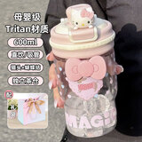 聚莜家可爱水杯女生高颜值茶水分离杯tritan吸管杯子夏天学生双饮水杯 粉色600ML+猫头+蝴蝶结+礼袋