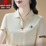 皮尔卡丹品牌冰丝短袖t恤女夏季2026新款女装翻领女士polo衫宽松大码上衣 米杏【冰丝面料】 XL 【建议重110-120斤】