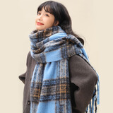 俞兆林高级感格子围巾女士秋冬季韩版百搭流苏围脖情侣保暖大披肩 蓝色