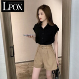 LPOX套装夏季女装2025年新款休闲短裤女气质显瘦坎肩衬衫百搭两件套 黑色上衣+卡其色裤子 L _[建议105-115斤]