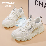 唐狮（TonLion）女鞋夏季厚底老爹鞋女士韩版鞋子女学生运动小白鞋 米色网面 37码