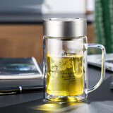 富光双层玻璃杯商务泡茶杯子大容量耐热办公水杯过滤带把银色320ml