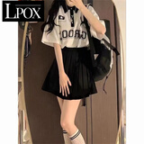 LPOX减龄学院风短袖T恤女+黑色百褶裙夏季新款宽松学生两件套装 白色衫+黑色百褶裙[套装] M _86-105斤